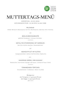 Muttertagsmenü im Vulkanlandhotel Legenstein im Thermen- und Vulkanland Steiermark mit Milchkalb, Seehecht im Filoteig, gefülltem Steirerhendl und Tonkabohnen-Törtchen als Dessert.
