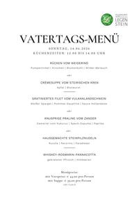 Vatertagsmenü im Vulkanlandhotel Legenstein im Thermen- und Vulkanland Steiermark mit Weiderind, gratiniertem Vulcano Schwein, Zanderpraline und Whisky-Rosmarin-Pannacotta.