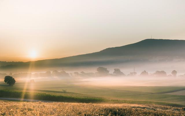 Sonnenaufgang über nebligen Feldern und sanften Hügeln im Hintergrund.