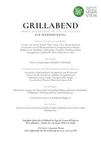 Beispielmenü eines Grillabends im Vulkanlandhotel Legenstein mit Vorspeisen, Steinpilzsuppe, Grillspezialitäten vom Fleisch und Fisch, vegetarischen Beilagen, hausgemachten Saucen und sommerlichem Dessert.