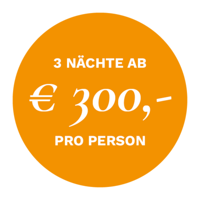 Oranger Buchungs-Button mit der Aufschrift: 3 Nächte ab 300 Euro pro Person durch geschenkte Nacht.